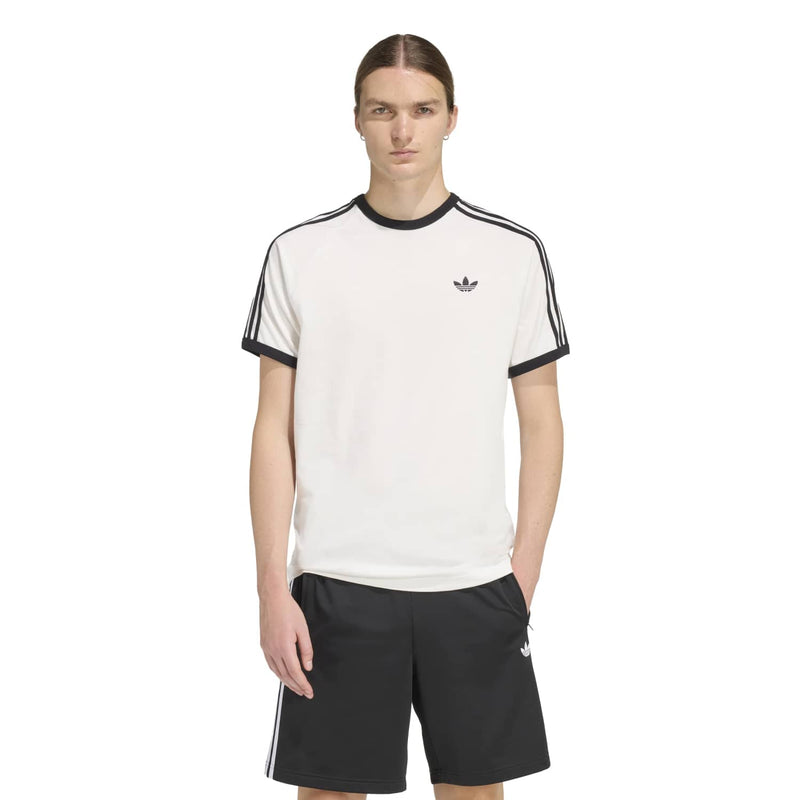 White adidas 3-stripe T-shirt with black collar trim and chest emblem