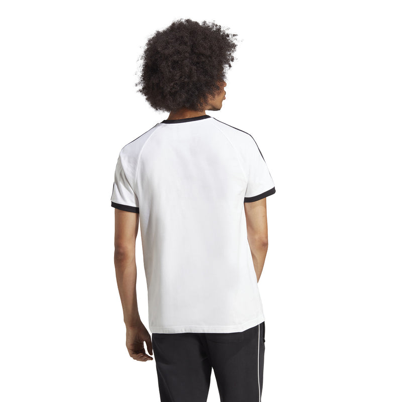 Men's white Adidas T-shirt with black contrast collar and sleeve cuffs, rear view