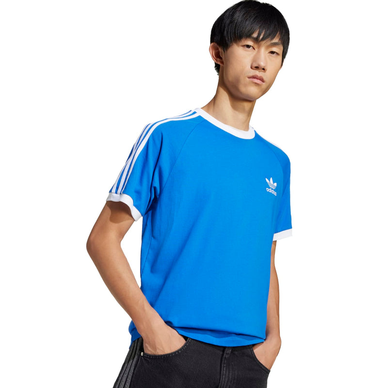 Men's blue adidas tee with white-trim crew neck and side 3-stripe