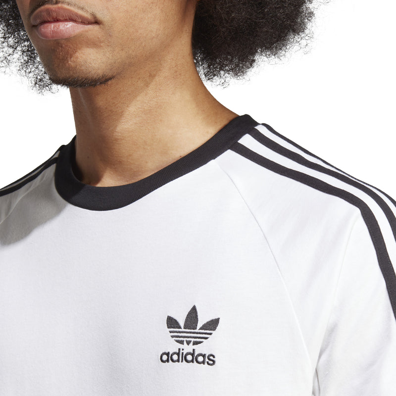 Men's white Adidas T-shirt with trefoil logo, black collar and 3 shoulder stripes