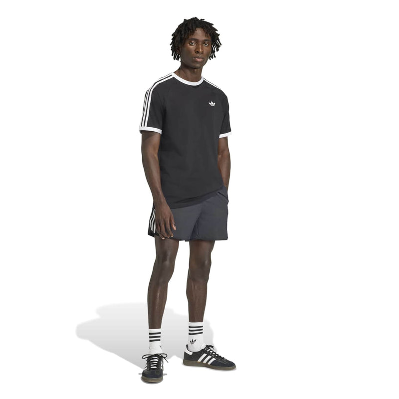 Black men's crewneck T-shirt with white three-stripe sleeves and trefoil logo
