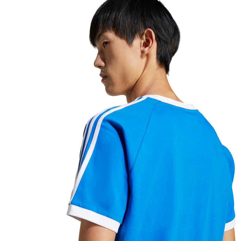 Men's blue adidas tee with side 3-stripe panel detail on sleeve