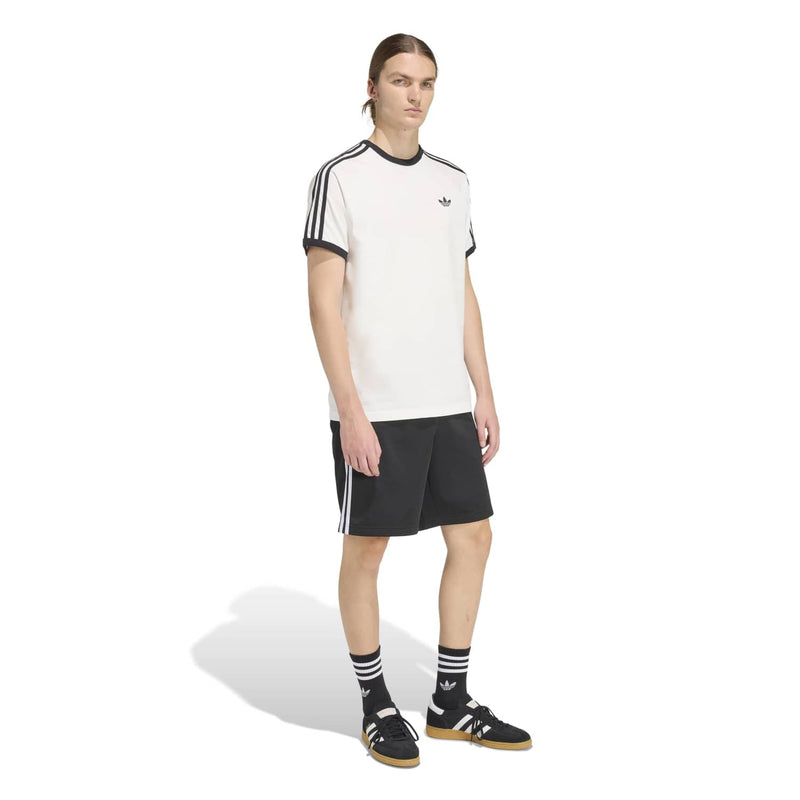 White adidas 3-stripe T-shirt with black sleeve stripes and ribbed collar