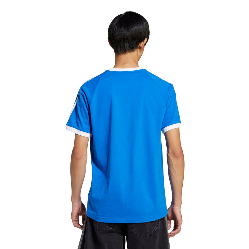 Men's blue adidas tee with 3-stripe sleeve detailing, back view