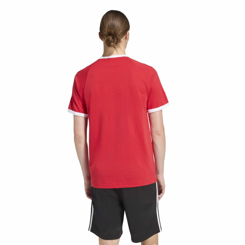Red Adidas 3-Stripe tee back view with white sleeve stripe trim