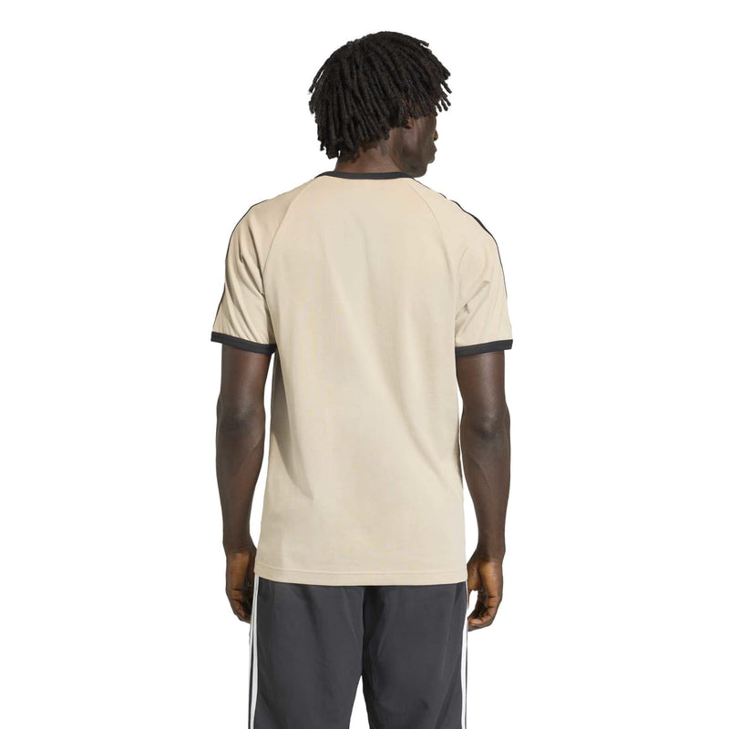 Back view stone khaki 3-stripe tee with black collar trim and raglan sleeve cuffs