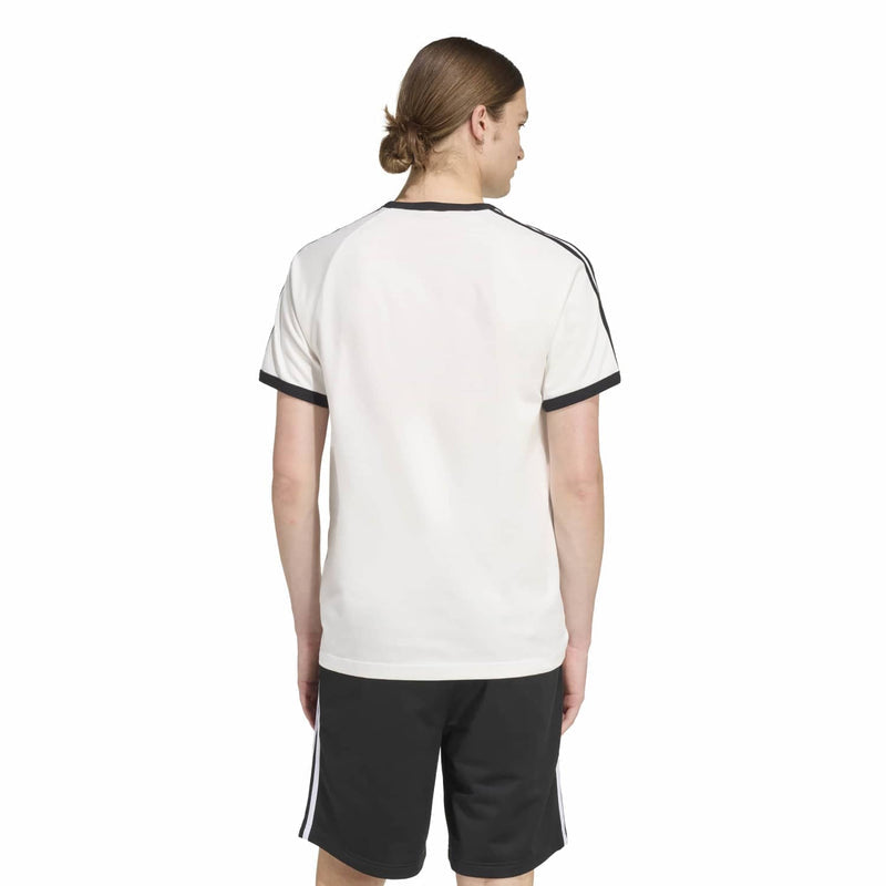 White adidas 3-stripe T-shirt shown from back with black collar and stripe details