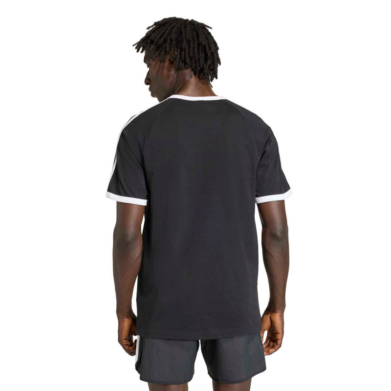Black men's crewneck T-shirt with white collar trim and three-stripe sleeve accents