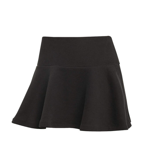 Women's black French terry A-line skirt with wide waistband and flared hem