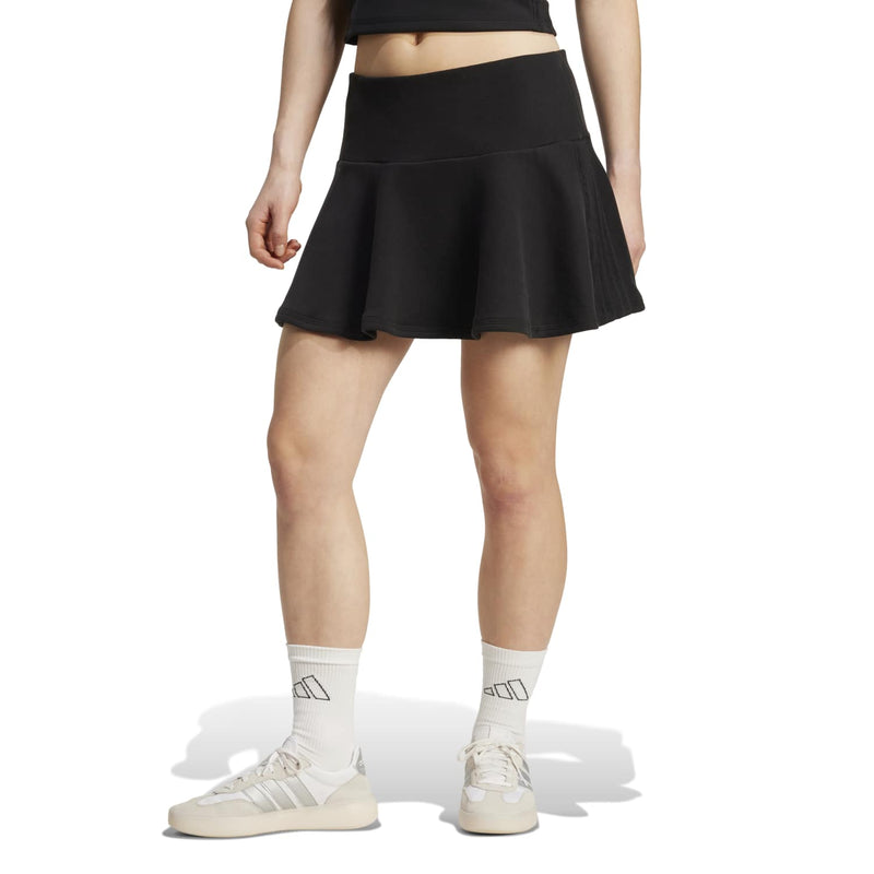 Women's black French terry A-line skirt with pleated swing panels and wide waistband