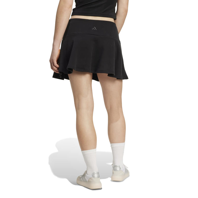 Women's black French terry skirt with adidas logo and flared pleated hem