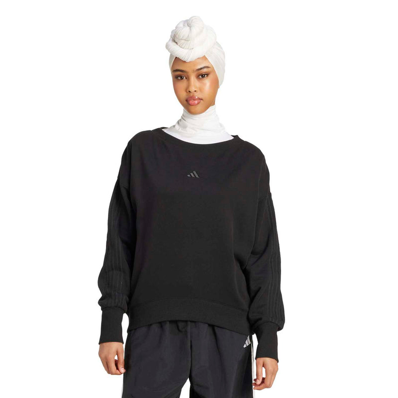 Women's loose black sweatshirt with crew neck and long sleeves, slightly dropped shoulder