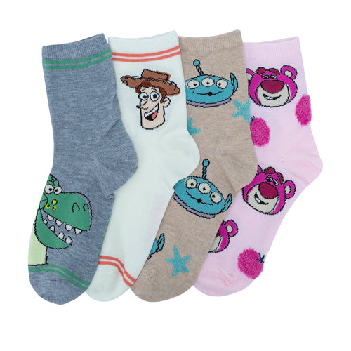 4-pack mid-crew adult socks, character prints in gray, light blue, beige, pink.