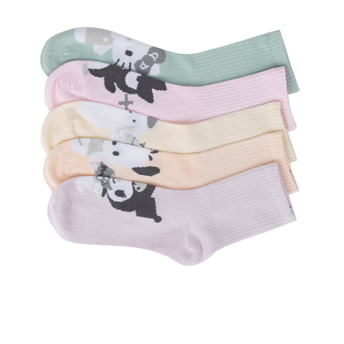 Adult mid-crew sock 5-pack, pastel multicolor cartoon prints, ribbed cuffs