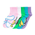 5-pack ribbed quarter socks, pink white green teal purple with character graphics
