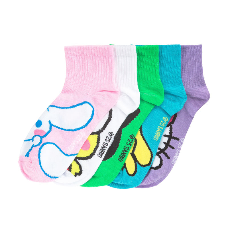 5-pack ribbed quarter socks, pink white green teal purple with character graphics