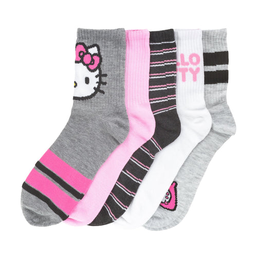 5-pack adult half crew socks in gray, pink, black, and white with Hello Kitty and stripes