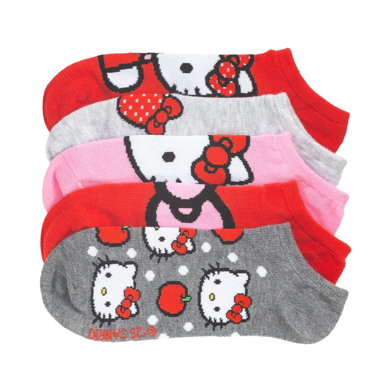5-pack adult no-show socks with Hello Kitty faces in red, pink, gray, and white