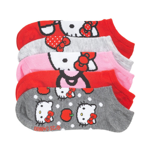 5-pack adult no-show socks with Hello Kitty faces in red, pink, gray, and white