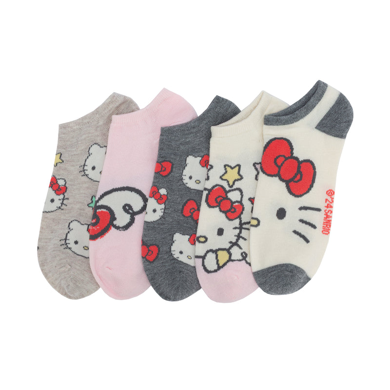 5-pack adult no-show socks, Hello Kitty faces and bows in gray, pink, cream