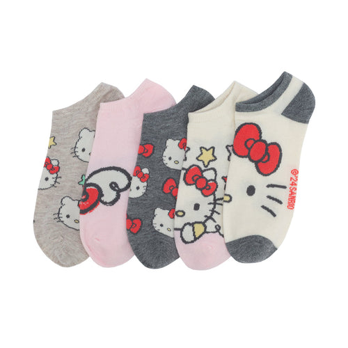 5-pack adult no-show socks, Hello Kitty faces and bows in gray, pink, cream