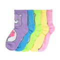 Kids mid-crew socks 5-pack with Care Bear faces, purple blue green yellow pink