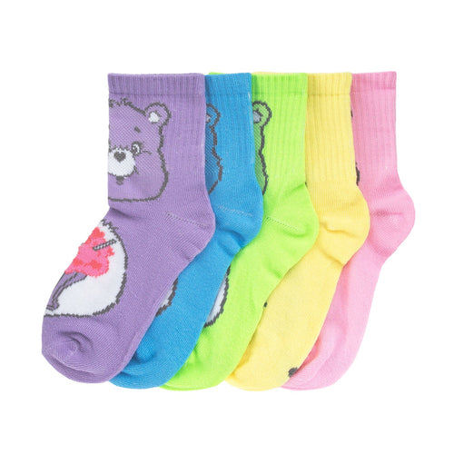 Kids mid-crew socks 5-pack with Care Bear faces, purple blue green yellow pink