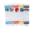 Kids 5-pack crew socks: white with Sonic character prints and multicolor stripes.