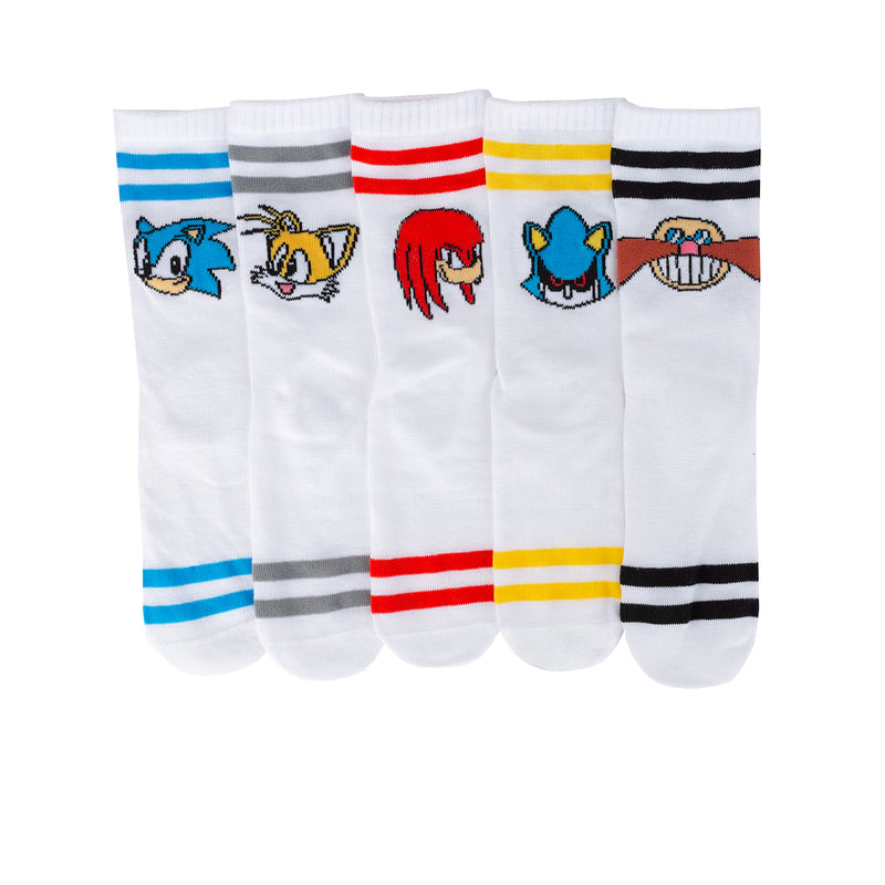Kids 5-pack crew socks: white with Sonic character prints and multicolor stripes.