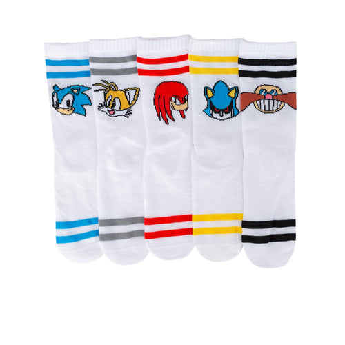 Kids 5-pack crew socks: white with Sonic character prints and multicolor stripes.