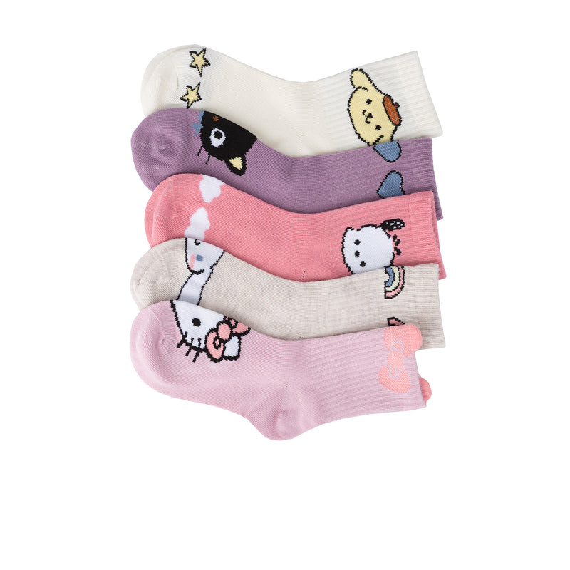 5-pack kids mid-crew socks, white and pastel with Hello Kitty and friends characters