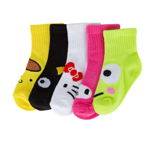 5-pack kids mid-crew socks, yellow black white pink and lime with cartoon characters