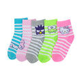 5-pack kids mid crew socks in pink, white, gray, with striped and cartoon accents