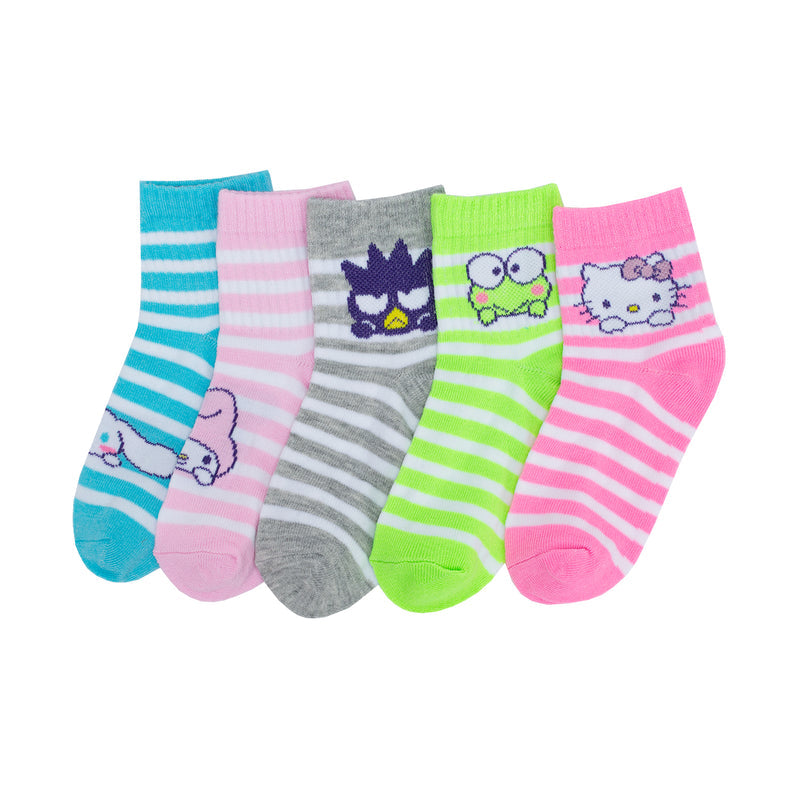 5-pack kids mid crew socks in pink, white, gray, with striped and cartoon accents