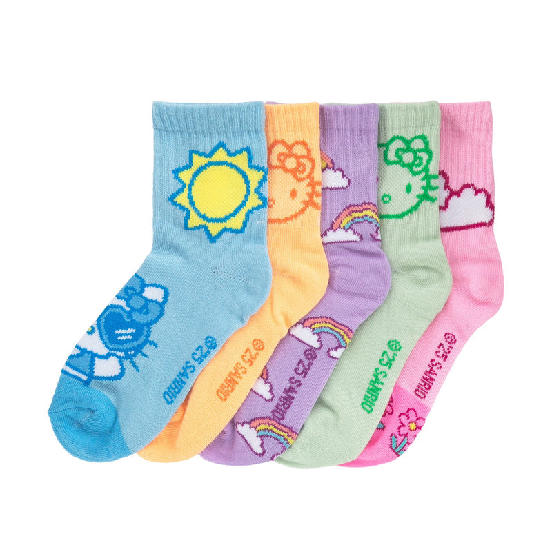 Kids half-crew socks 5-pack with Hello Kitty prints in pink, blue, orange, purple, green