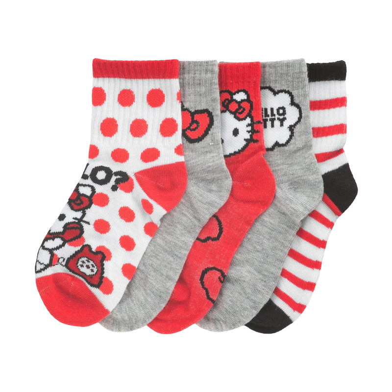 Kids' half-crew socks 5-pack, multicolor with Hello Kitty faces and bows.