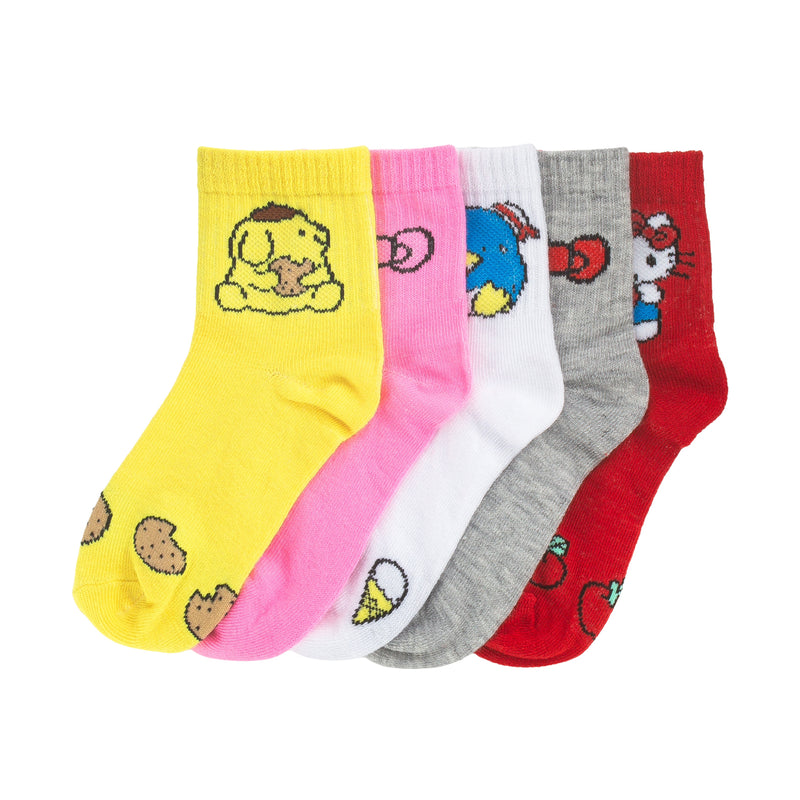 Kids half-crew sock 5-pack in yellow, pink, white, gray, and red with Hello Kitty
