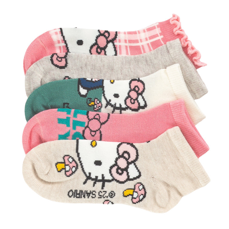 Kids Hello Kitty quarter socks, 5-pack, lettuce-edge, pink/white/gray/green.