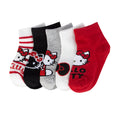 5-pack kids ankle socks with Hello Kitty faces, red, black, gray, and white.