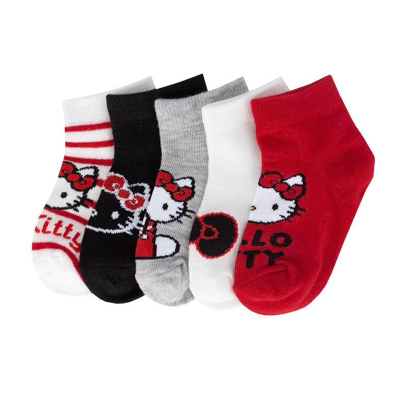 5-pack kids ankle socks with Hello Kitty faces, red, black, gray, and white.