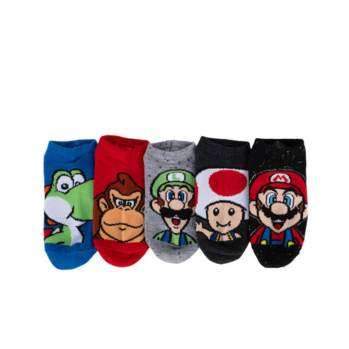 Kids no-show socks set, white with multicolor Mario character faces, 5 pairs