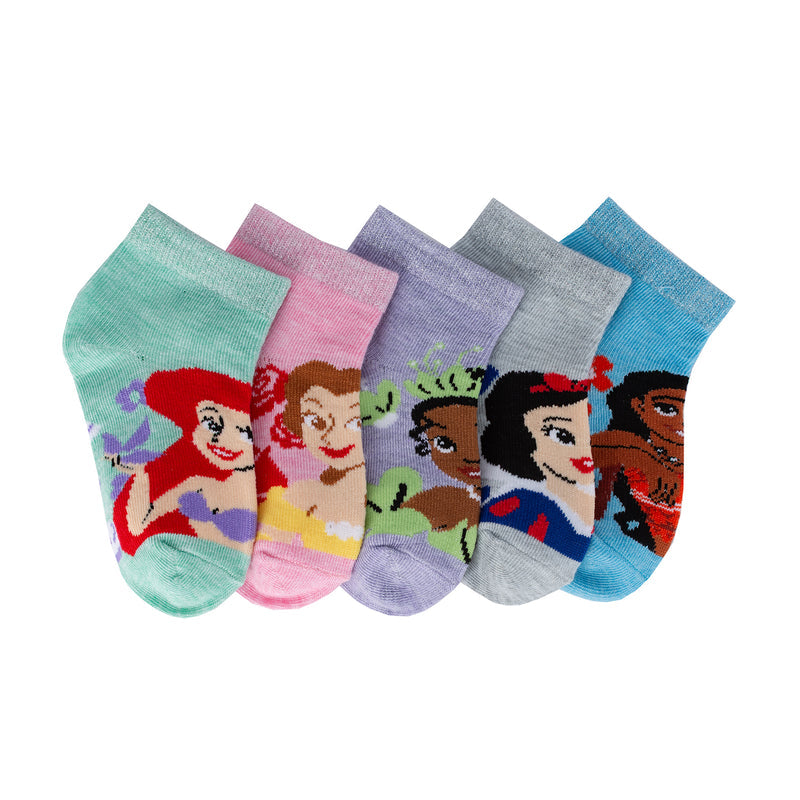 5-pack kids ribbed short socks with princess character prints in pastel tones