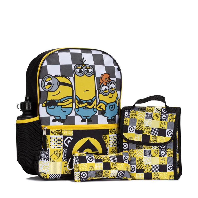 Minions backpack set in black with yellow checkered design, includes lunch bag and bottle