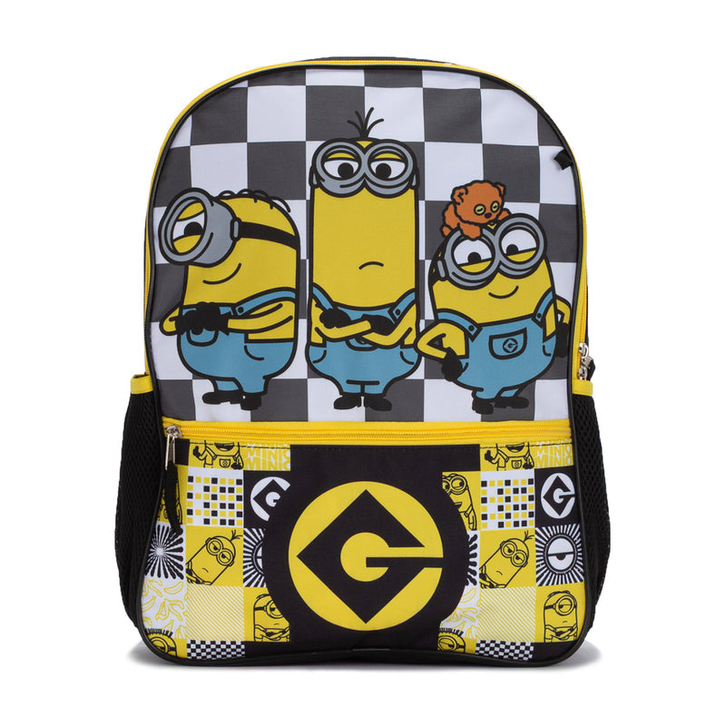 Minions black and yellow checkered backpack with large G logo on front panel