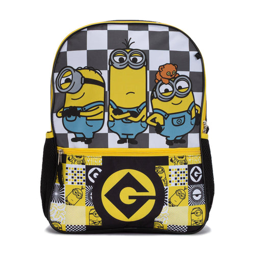 Minions black and yellow checkered backpack with large G logo on front panel