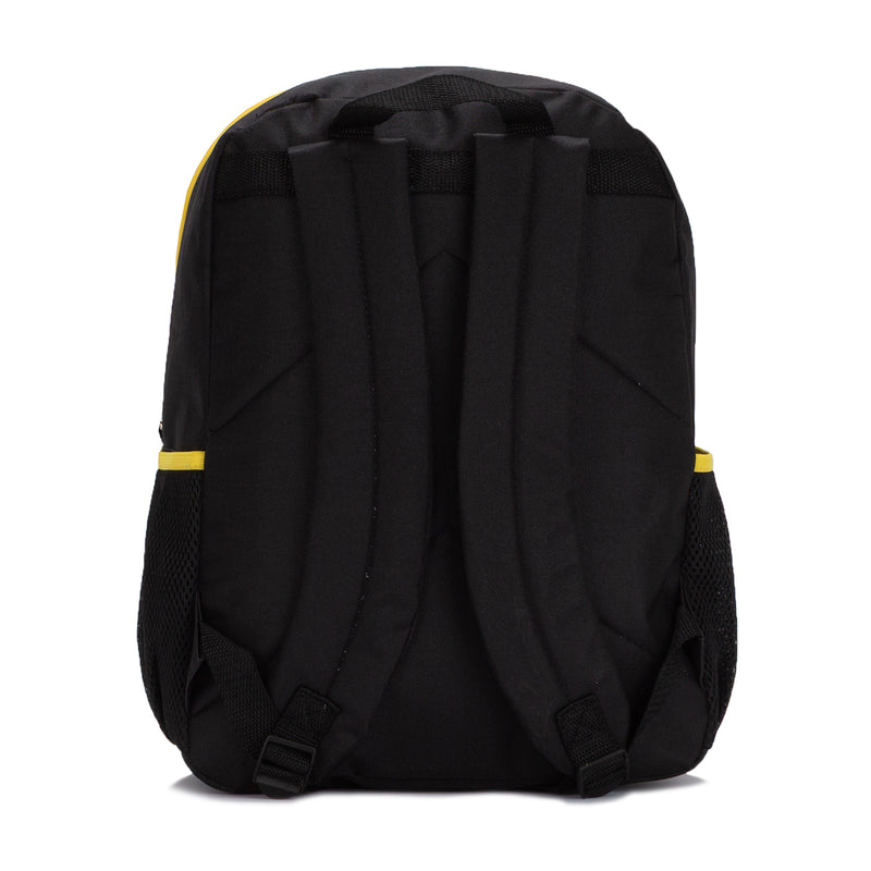 Minions black backpack back view with adjustable shoulder straps and yellow trim
