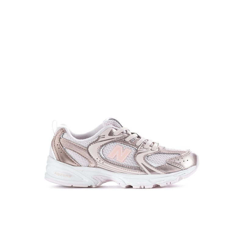 Kids lace-up running sneakers, shell pink with metallic panels and white cushioned sole