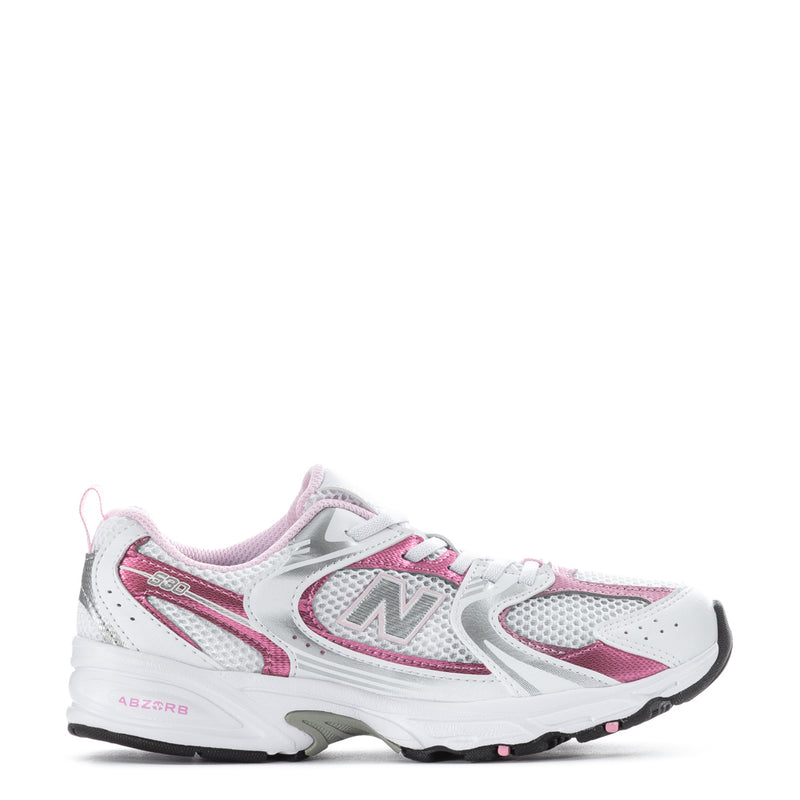 Kids running shoes in white with pink accents, mesh panels, lace-up closure