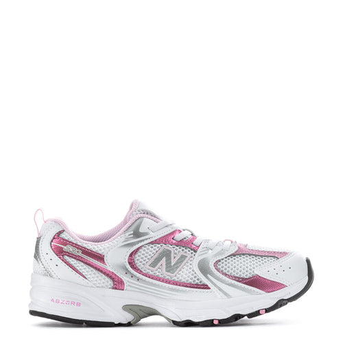 Kids running shoes in white with pink accents, mesh panels, lace-up closure
