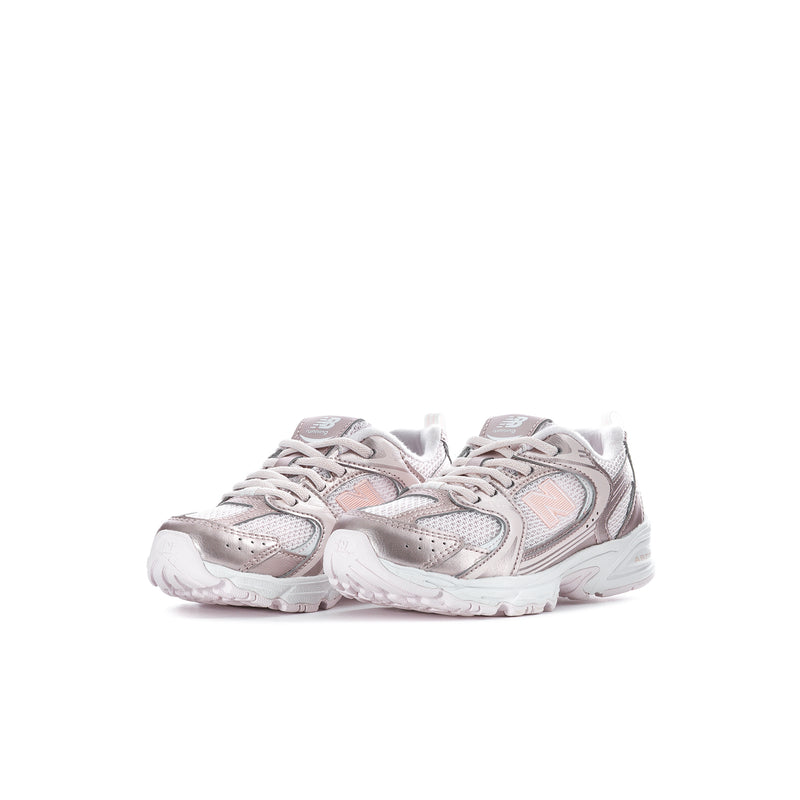 Kids lace-up running sneakers, shell pink and metallic with bold N logo and white sole